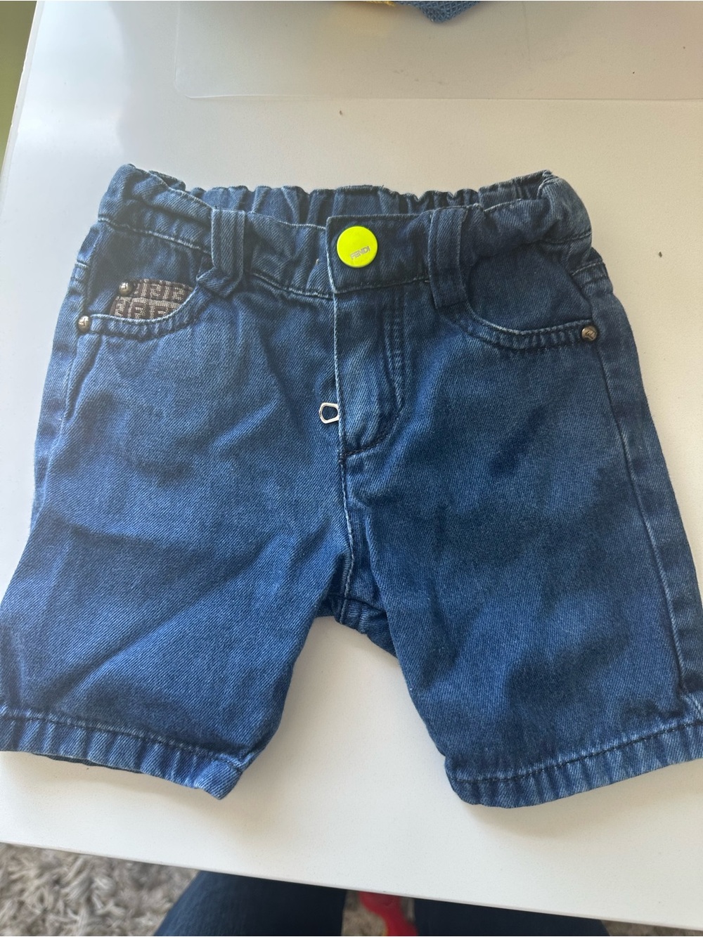 Fendi Baby Dark Blue Denim Shorts with Neon Yellow Accent